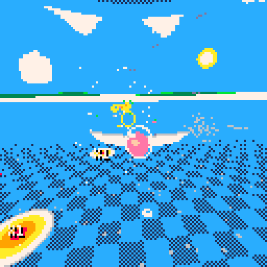 Bloop gliding over the sea toward floating targets at golden hour