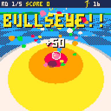 A bullseye landing with confetti
